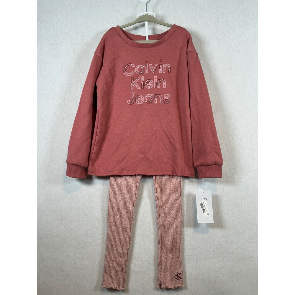 Calvin Klein Jeans 2Piece Pink Puff Sleeve Logo Sweatshirt Leggings Size 6 NWT
